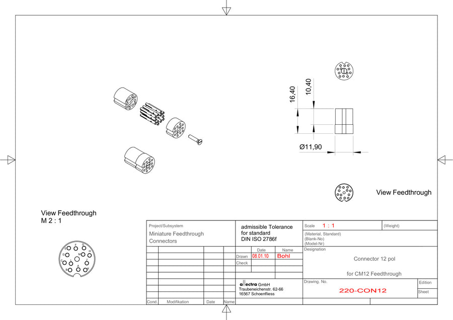 CM STANDARD CONNECTOR, 12 PIN, FEMALE, PEEK, UHV, PINS