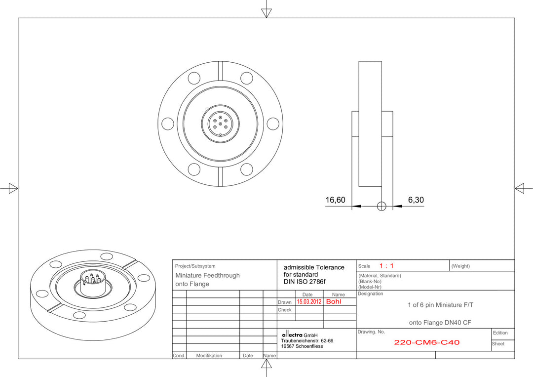 DN40CF FLANGE, 6 PIN CIRCULAR MINIATURE FEEDTHROUGH, UHV, 500V DC, 5 AMPS MAX